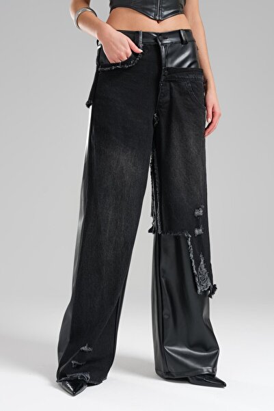tw3 Blugi largi cu detaliu din imitație de piele