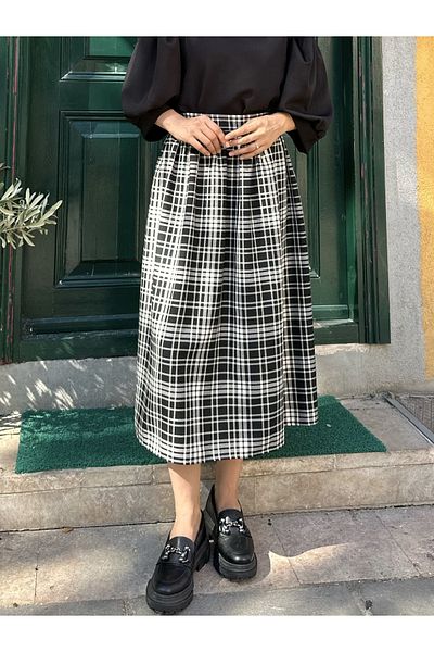 KÜÇÜĞÜM BUTİK Black Checkered Plaid Waist Gathered Skirt