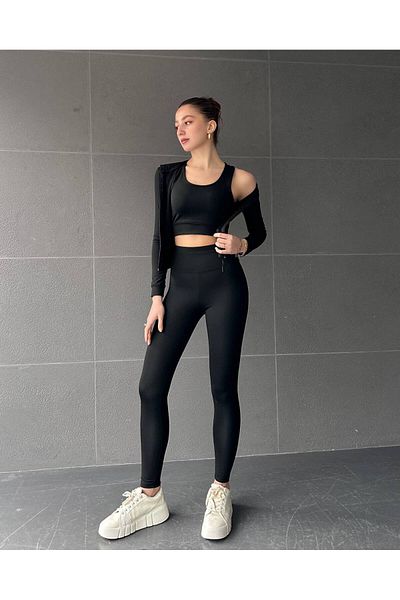 shopshop Slim Fit Skinny Fit Σετ 3 τεμαχίων Ψηλόμεσο κολάν Crop μακρυμάνικο με φερμουάρ Sport Fitness Σετ αθλητικής φόρμας