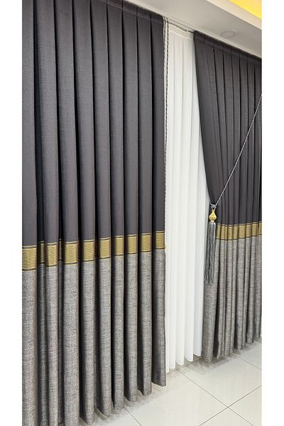 Fon Dünyası Anthracite Gray Single Wing Board Background Curtain with Gold Stripe