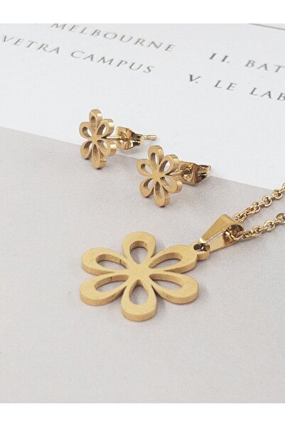 Siya Silver Kararmaz Çelik Papatya Model Kolye Küpe Seti