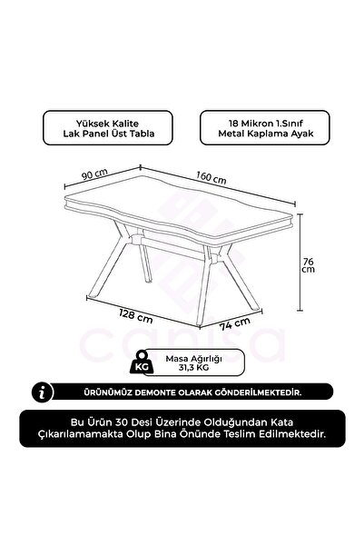 Canisa Prah Serisi 90x160 Lak Panel Siyah Mermer Krom Ayak Mutfak Masası