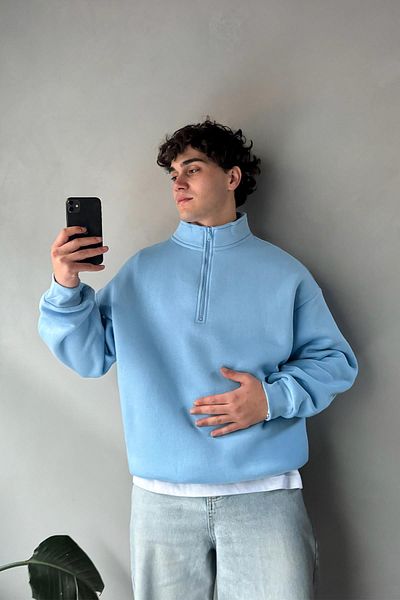 Flaw Wear Half Zip Blue Oversize Sweatshirt