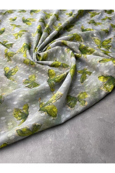 ipekkumaş Yeşil Kelebek Desen Elbiselik Şifon Kumaş Ürünümüz Adet Olarak Satı...
