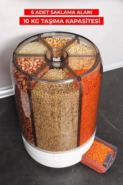 TOPTANFONİ 10 Kg Capacity Styles Food and Pulses, Storage Container, 6 Compartments, Organizer 360 Degree Rotatable