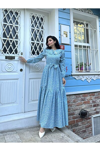 KÜÇÜĞÜM BUTİK Μπλε τραγανό φόρεμα δαπέδου από ποπλίνα με χιτζάμπ κινητή λαιμόκοψη (ΦΟΡΕΜΑ-ΚΟΛΛΟ)