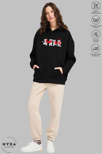 Nyda Collections Love Cat Printed Unisex Oversize Cotton Hoodie - Long Sleeve, Hooded Sweatshirt