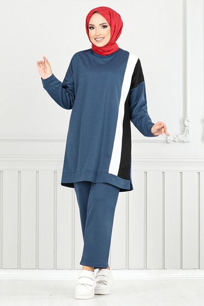 ModaMerve Indigo Hijab Set - Stripe Detail, Model 9114Pl940-M