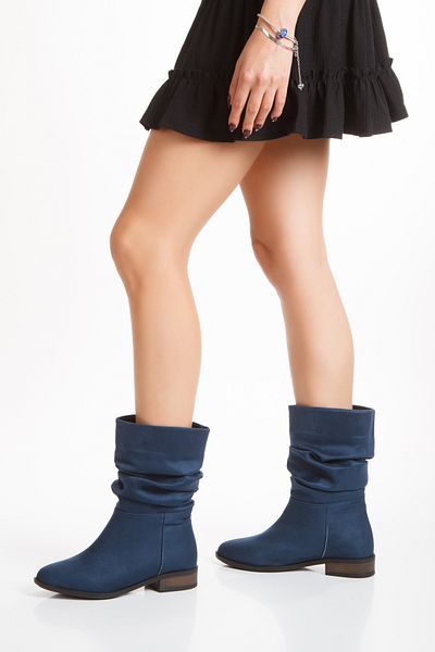 ÜNAL ÖZER Γυναικείες καθημερινές μπότες με μπλέ Navy Blue Suede Bellows Un001-0124