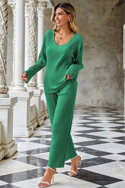 Mossta V Neck Blouse Trousers Ribbed Camisole Double Suit Green