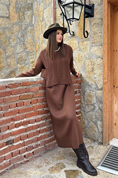 Ceylan Otantik Acı Kahve Süveterli Takım Triko Elbise