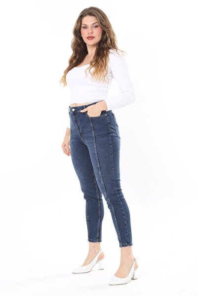 Şans Lycra Jeans s vysokým pasem – velká velikost, košíčkové prošívání, štíhlá noha 65N38092