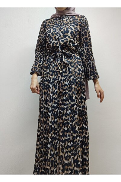 KLASS LİFE Leopar desenli şifon etek kol pileli elbise
