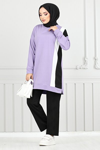 ModaMerve Stripe Detailed Hijab Suit 9114Pl940-M Lilac&Black