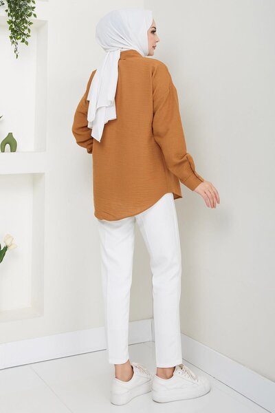 hafsamina Long Sleeve Oversize Linen Shirt - Single Pocket, Tan Hm2651