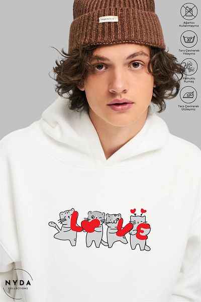 Nyda Collections Love Cat Printed Unisex Oversize Βαμβακερή κουκούλα - Μακρυμάνικο, Φούτερ με κουκούλα
