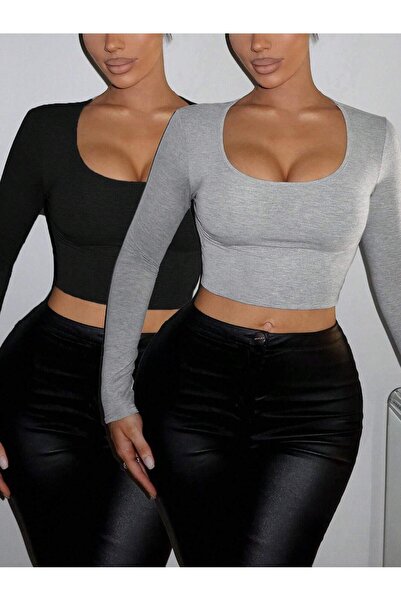 Lorya Giyim Kadın 2'li Paket  %100 Pamuklu Vücuda Yapışan Fitilli Kare Yaka Kaşkorse  Uzun Kollu Crop Bluz