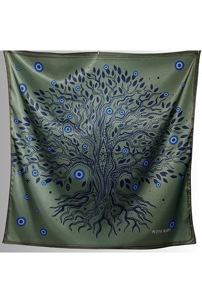POZİTİF MRK Green Scarf - Tree of Life with Evil Eye Bead Pattern