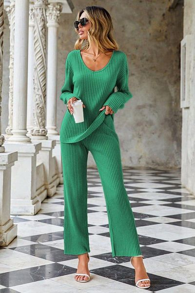 Mossta V Neck Blouse Trousers Ribbed Camisole Double Suit Green