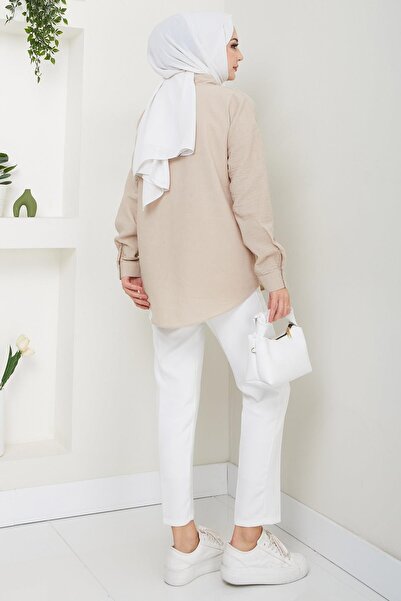 hafsamina Μονό τσέπη μακρυμάνικο λινό πουκάμισο μπεζ HM2651