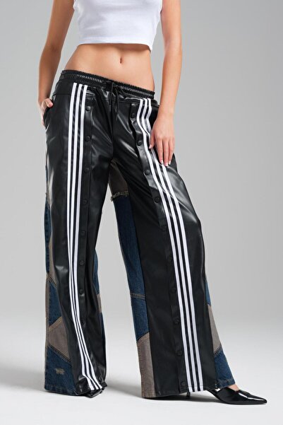 tw3 Pantaloni largi, cu trei dungi, cu detaliu din denim, cu capse