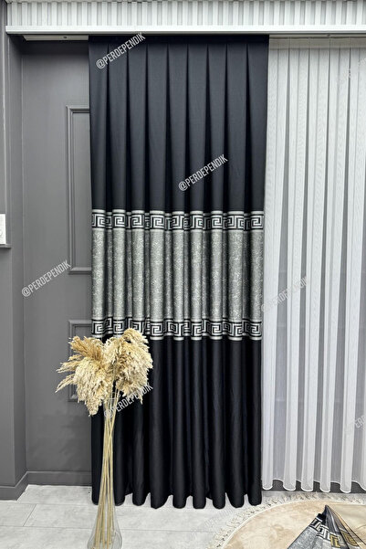 Perde Pendik Siyah Versace Desenli Pano Fon, Desenli  Fon Perde,Desenli Black...