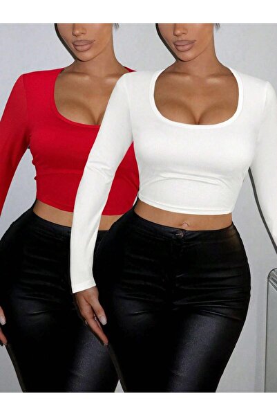 Lorya Giyim Kadın 2'li Paket  %100 Pamuklu Vücuda Yapışan Fitilli Kare Yaka K...