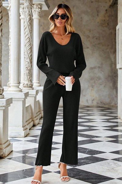 Mossta Black V-Neck Blouse and Ribbed Pants Set