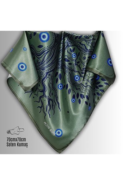 POZİTİF MRK Green Scarf - Tree of Life with Evil Eye Bead Pattern