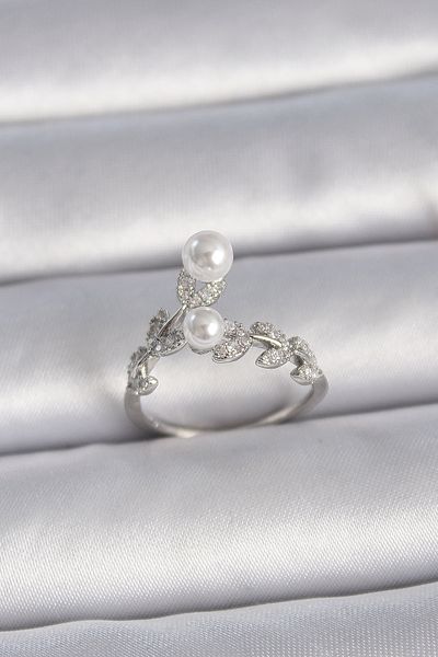 Skygo Women's Ring with Adjustable Color Silver and Zirconia Brass Model Leaf Pearl Detail - Tj-Byk3415