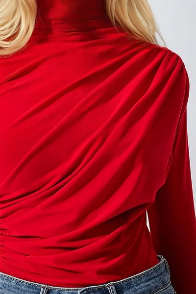 VAGGON Kadın Kırmızı Yarım Balıkçı Drape Detaylı Sandy Bluz Prm1360