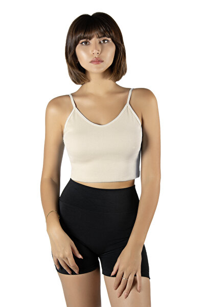 ADEGO Cream Thread Strap Fitted Crop Top Blouse