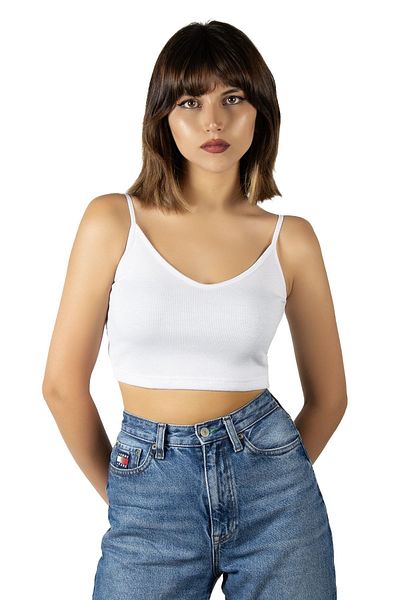 ADEGO White Thread Strap Fitted / Fitted Corduroy Knitted Crop Top Blouse