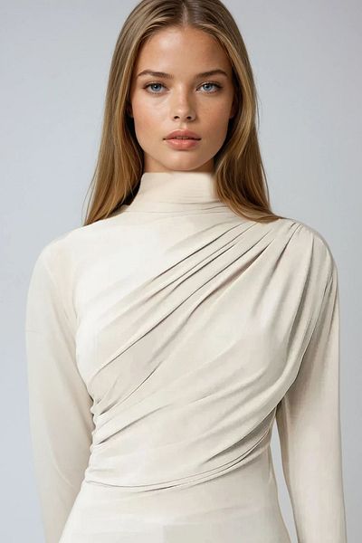 VAGGON Women's Stone Half Fisherman Draped Detail Sandy Blouse Prm1360