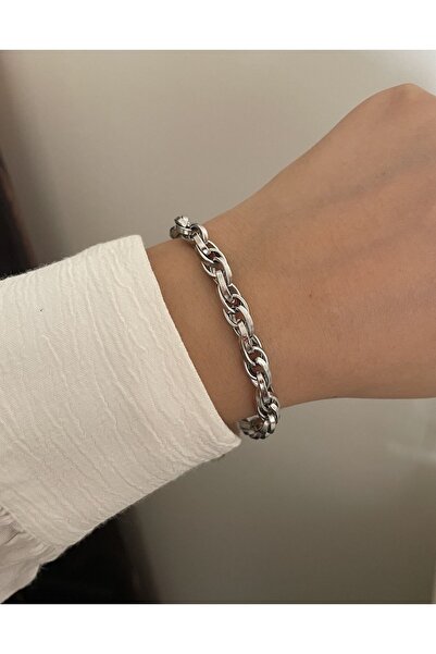 X-Lady Accessories Gümüş Kaplama İç İçe Geçmeli Zincir Halat Unisex Çelik Bil...