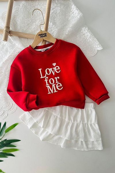 Minigimin Cicileri My Toddlers Love for Me Embroidered Sweat Skirt Girl's Suit - Red