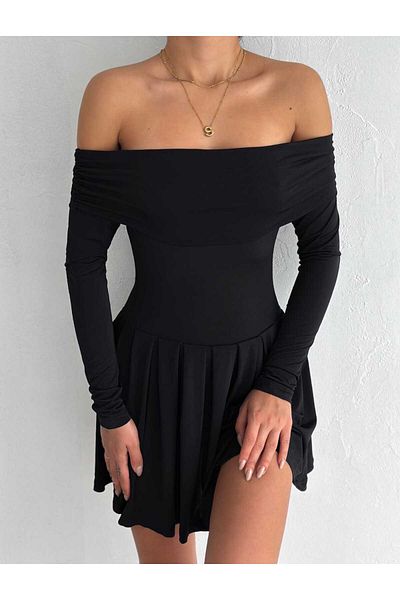 BE CHİC ROCHIE MINI ELEGANTĂ PENTRU FEMEI, cu umăr dezactivat, cu guler MADONNA, cu pliuri, MNN7139