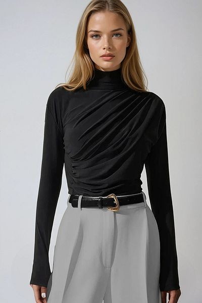VAGGON Γυναικεία μαύρη Half Fisherman Drape Λεπτομερής αμμώδης μπλούζα Prm1360