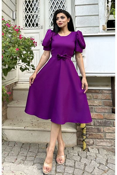 KÜÇÜĞÜM BUTİK Rochie mov din crep cu mâneci pepene verde evazată