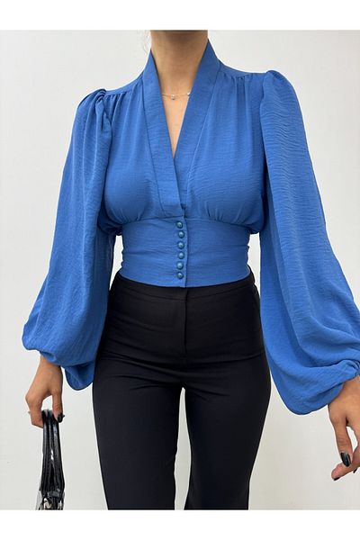 Modamorfo Indigo Sandy Crop – Ballonhülle mit Knöpfen und Gummizug
