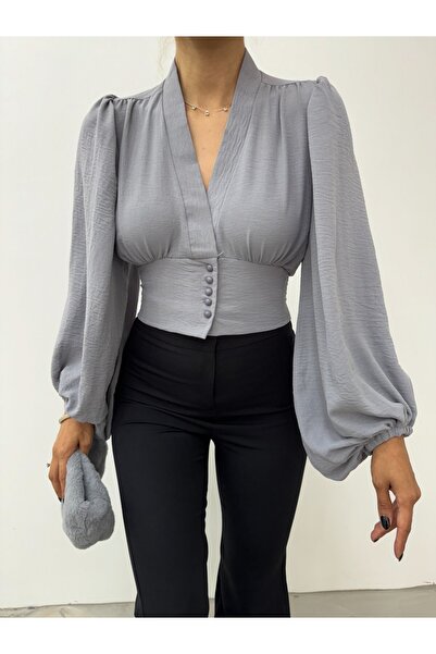 Modamorfo Μπαλόνι μανίκι με κουμπιά και ελαστική πλάτη - Γκρι