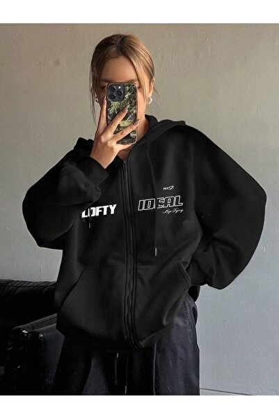 PALPİTO Women's Black Lofty Ideal Printed Hooded Zippered Cardigan