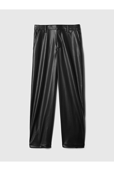 GAP Kadın Siyah Suni Vegan Deri Mid Rise Barrel Pantolon