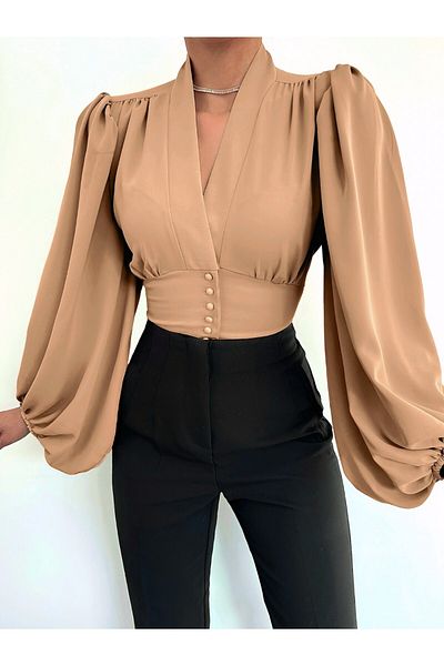 Modamorfo Mink Sandy Crop - Μανίκι μπαλονιού με κουμπιά και ελαστική πλάτη