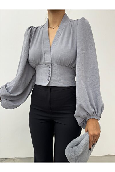 Modamorfo Μπαλόνι μανίκι με κουμπιά και ελαστική πλάτη - Γκρι