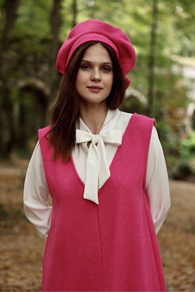 KÜÇÜĞÜM BUTİK Pink Stamp Long Winter V-neck Gilet Dress and Stamp Hat (set of 2)