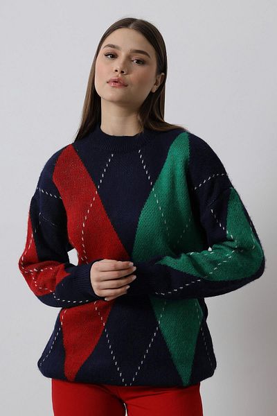 Le Savu Shilsee Women's Baklava Patterned Claret Red-Dark Blue-Green Knitting Bluz