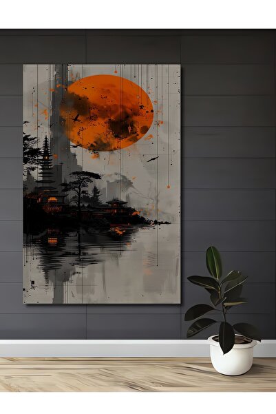 Teona Ahşap Turuncu Ay ve Pagoda Manzaralı Dekoratif Ahşap MDF Tablo Dikdörtg...