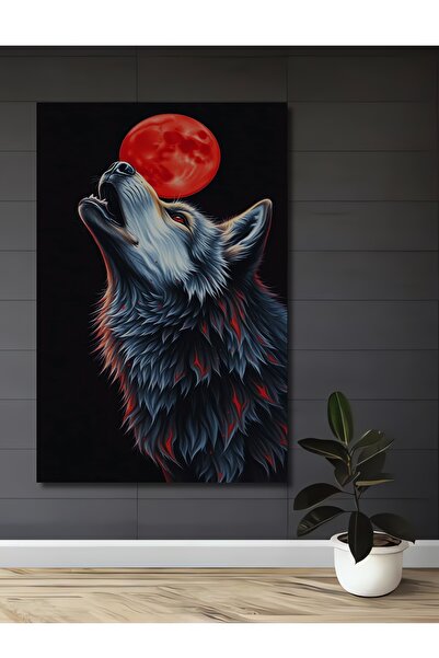 Teona Ahşap Pictură decorativă de perete din lemn MDF cu Lună Roșie și Lup, d...