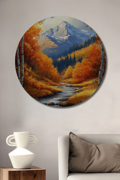 Teona Ahşap Peisaj de munte de toamnă fermecător, pictură decorativă din lemn MDF, pictură rotundă